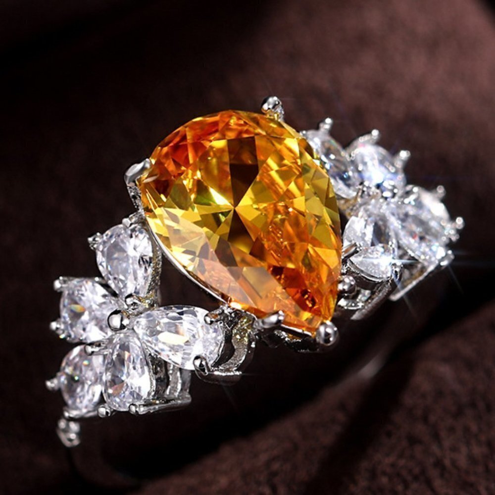 💎Crystal Clear Sweet Light Yellow Pear Flower Silver Rings for Women,MARR9130